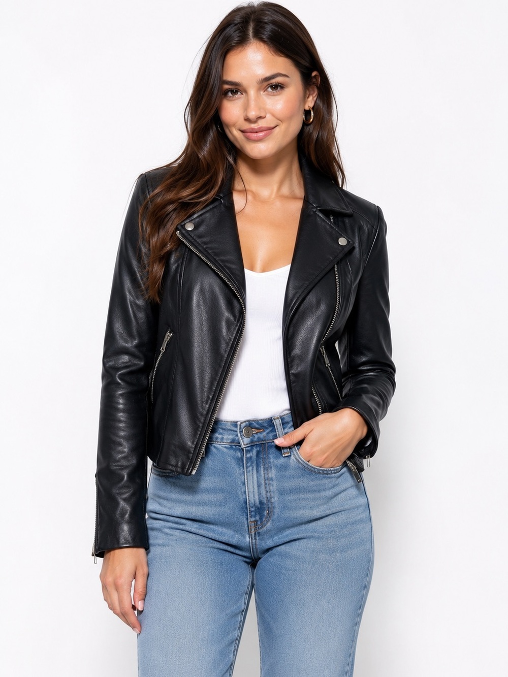 H&M Women Black FAUX  Leather Moto Edgy Jacket with Silver Hardware Size 2